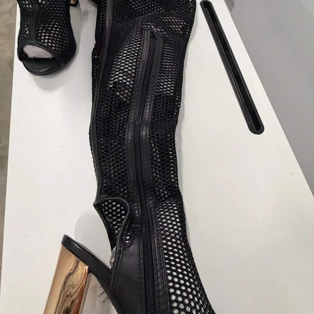 Bamboo Black Fishnet Mesh Thigh High Boots Rose Gold Block Heel Open Toe Size 8